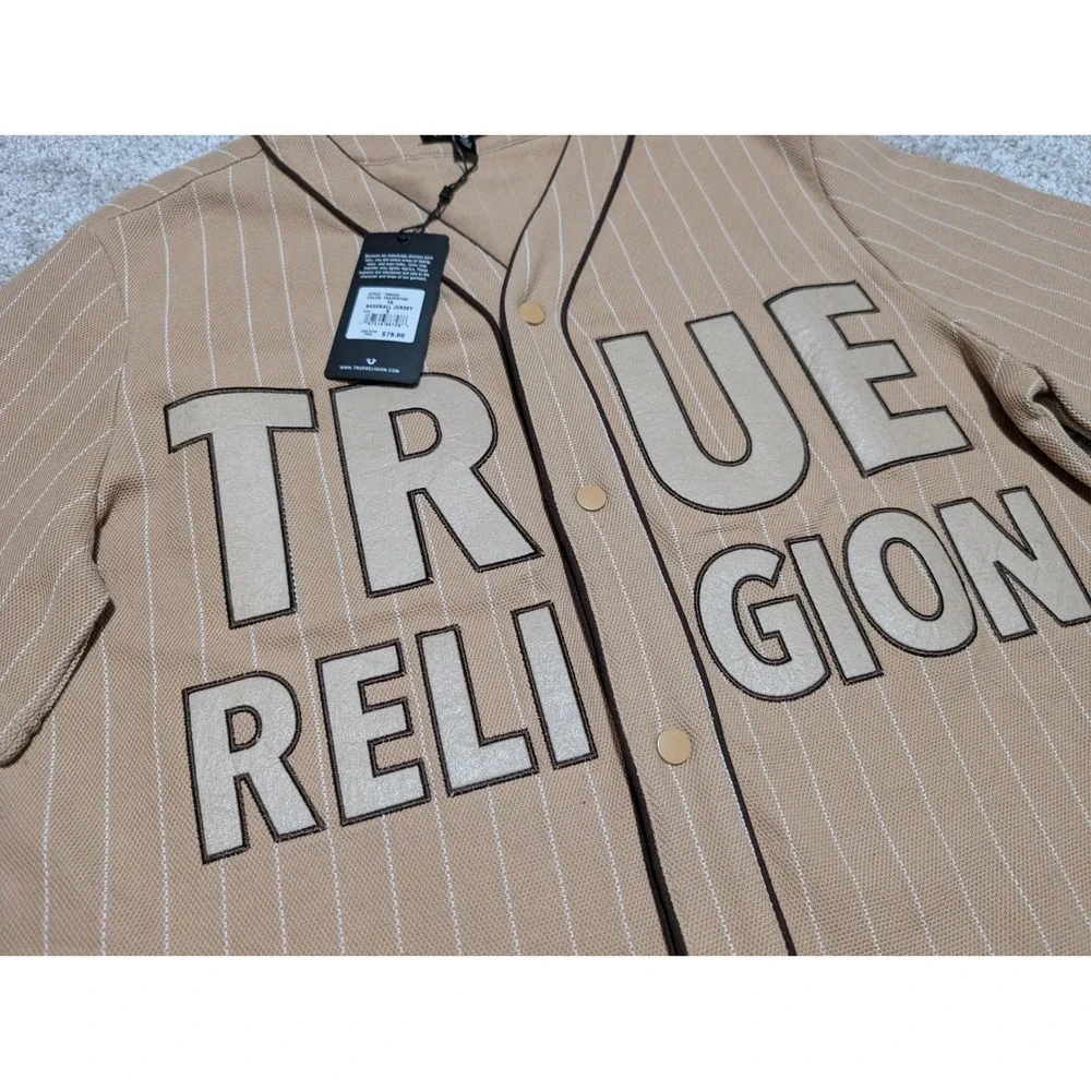 True Religion Mens Baseball Jersey Short Sleeve Tan Pinstripe Button Up Size S
